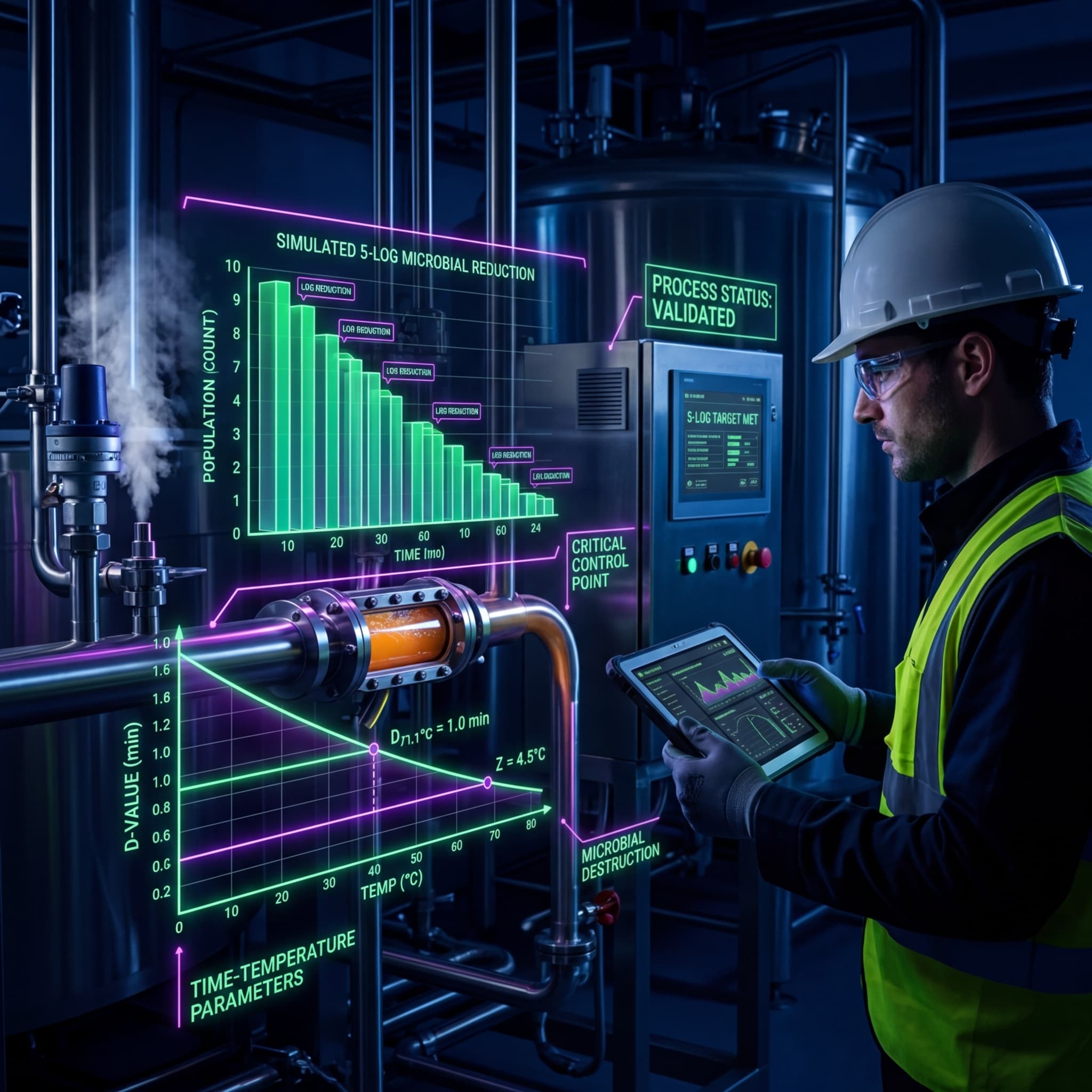 Process engineer monitoring thermal processing equipment with holographic displays showing microbial reduction curves, D-value charts, and critical control point validation data