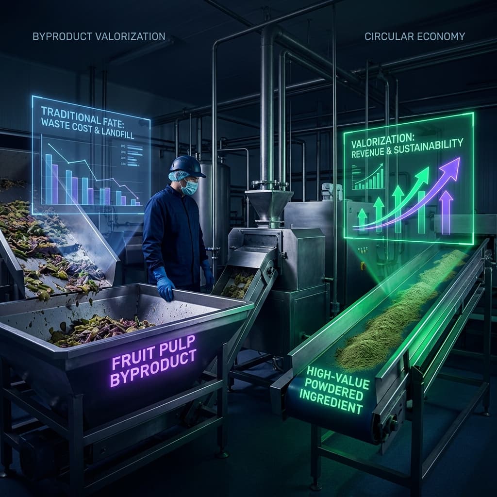 Food manufacturing worker monitoring a byproduct valorization line converting fruit pulp into powdered fiber ingredient with digital displays showing revenue and sustainability metrics