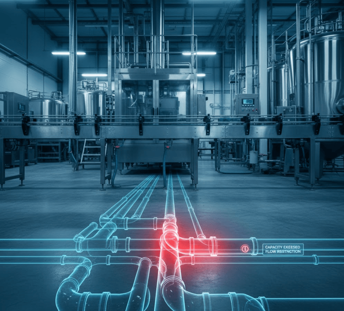 Industrial food processing facility with diagnostic overlay highlighting wastewater infrastructure and potential discharge points