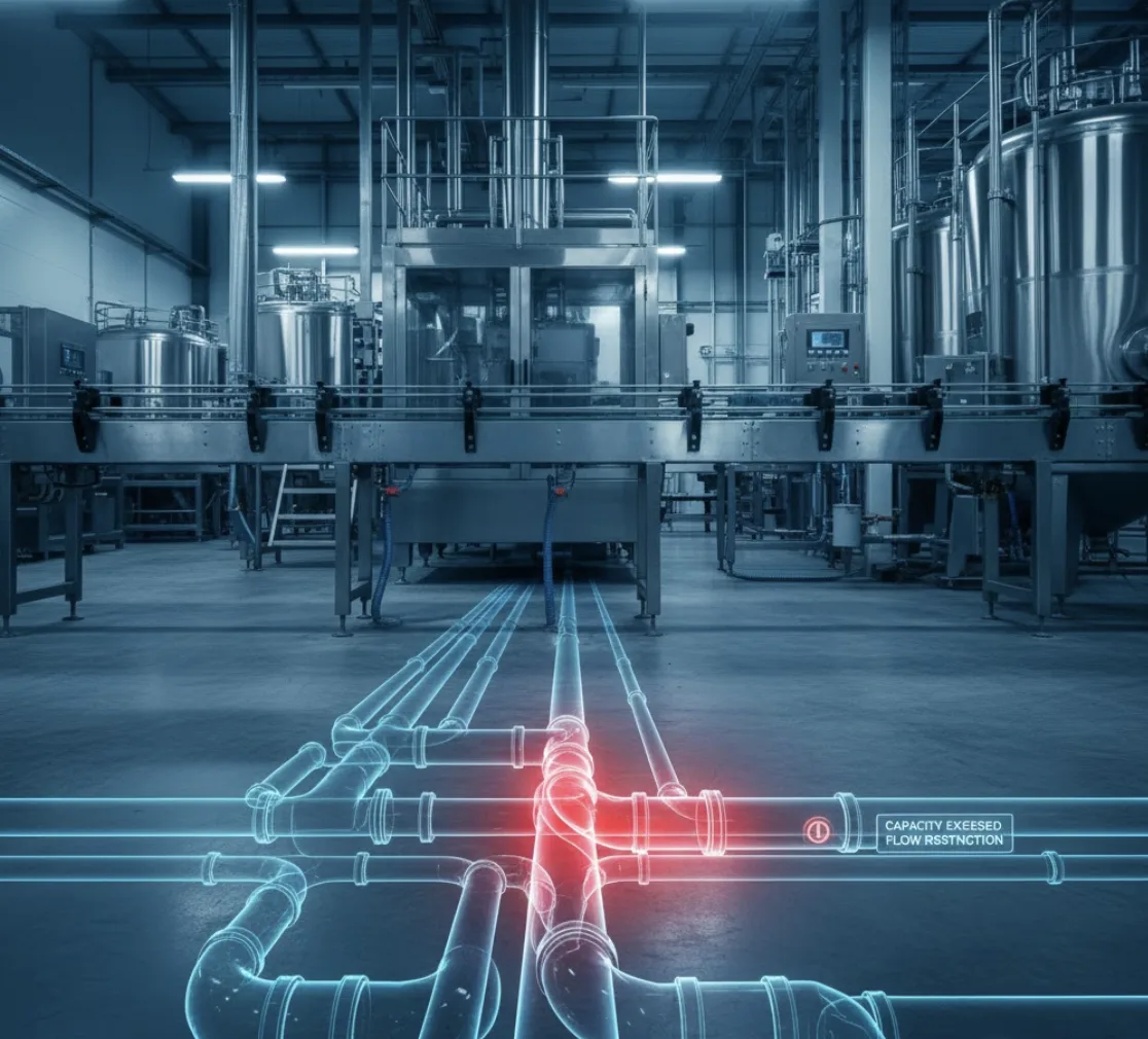Industrial food processing facility with diagnostic overlay highlighting wastewater infrastructure and potential discharge points