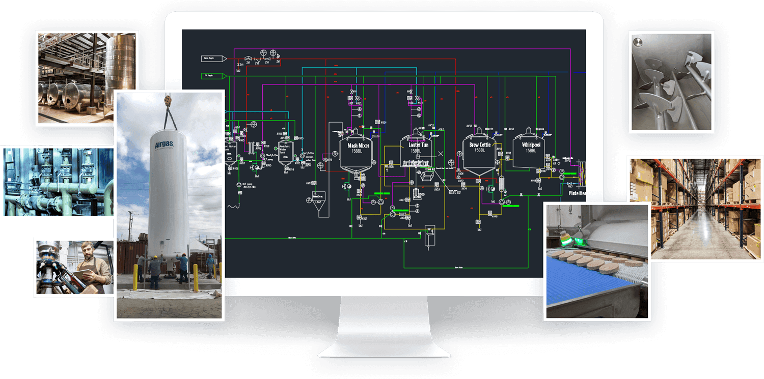 Engineering gallery showcasing industrial equipment, CAD designs, and manufacturing facilities
